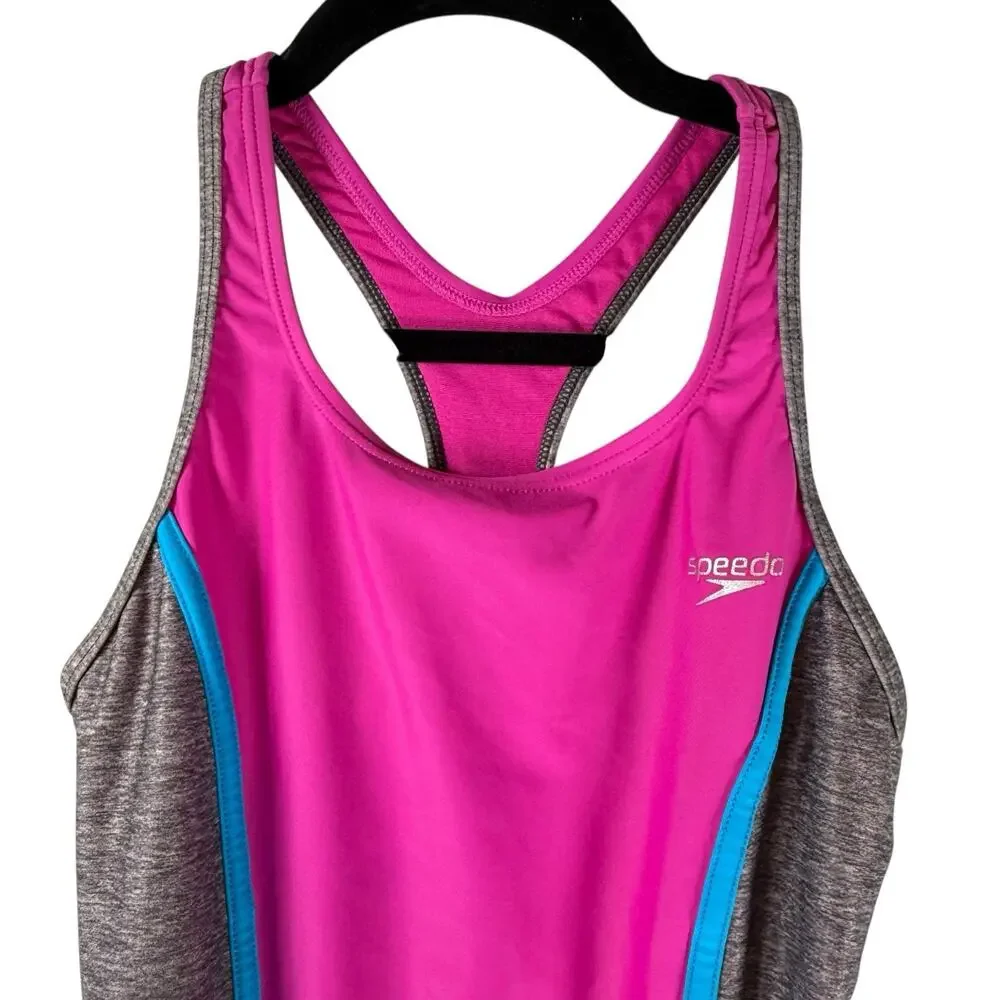 SPEEDO Girls SIZE 14 Fuchsia Pink Gray 1Piece Racerback Sporty Swimsuit Silicone